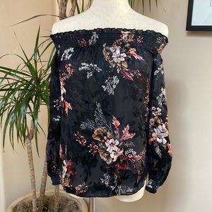 WHBM off the shoulder sheer burn out blouse. Smocked shoulders and wrists.